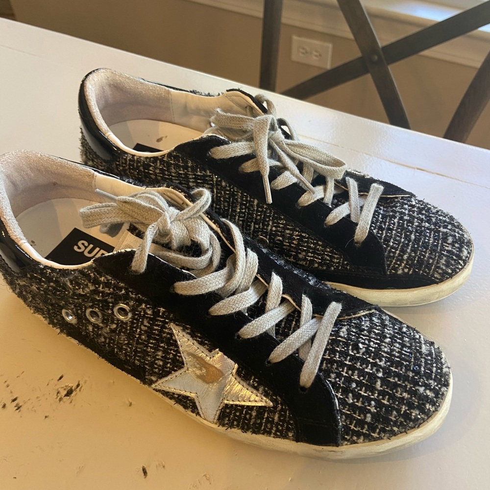 Golden Goose sneaker in black, white, silver & grey boucle. Like new